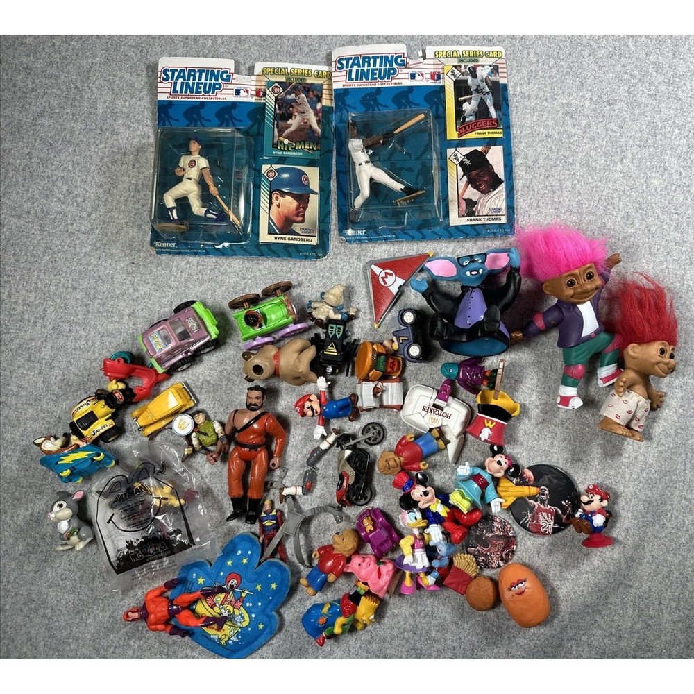 LOT of Figurines Toys Action Figures McDonalds Troll Mario Mickey Baseball Cards